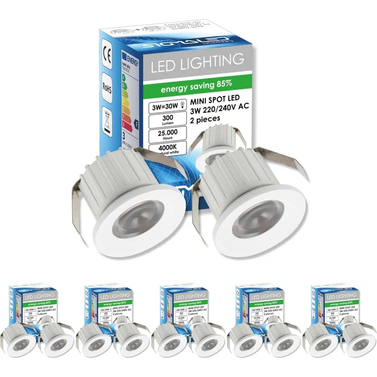 SIGMALED LIGHTING, Mini-LED-Einbaustrahler 3W, dimmbar, Neutralweiß 4000K, 300 Lumen, Runde Einbauspot, 220/240V AC, 10er-Pack (5 Box mit 2 Stuck)