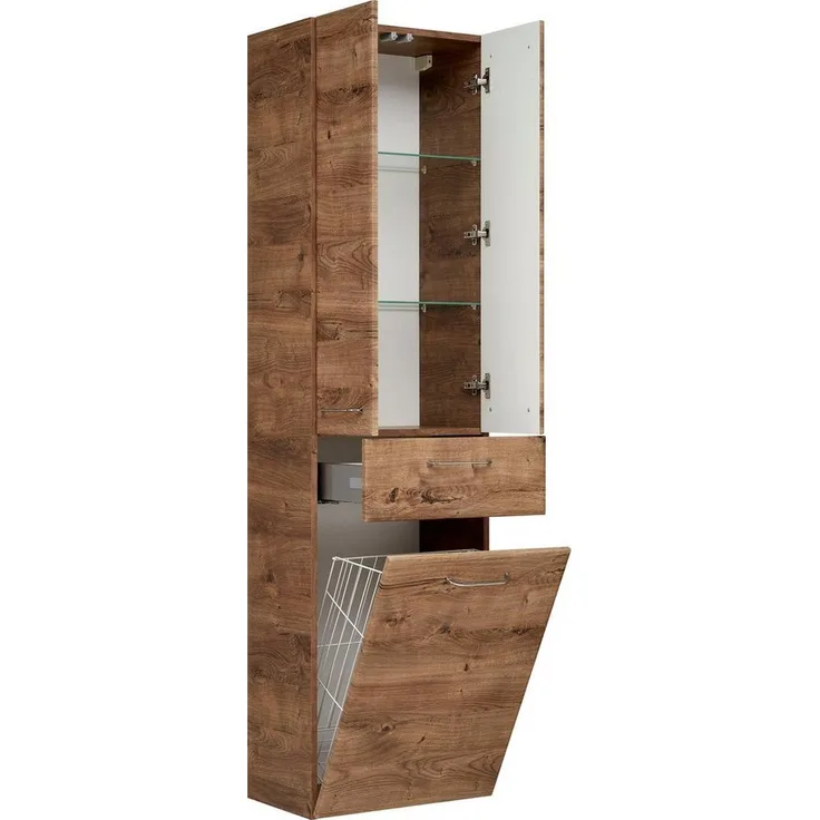 Saphir Hochschrank Quickset Badschrank 50 cm breit, 2 Türen, 1 Schublade, 1 Wäschekippe Badezimmer-Hochschrank inkl. Türdämpfer, Griffe in Chrom glänzend