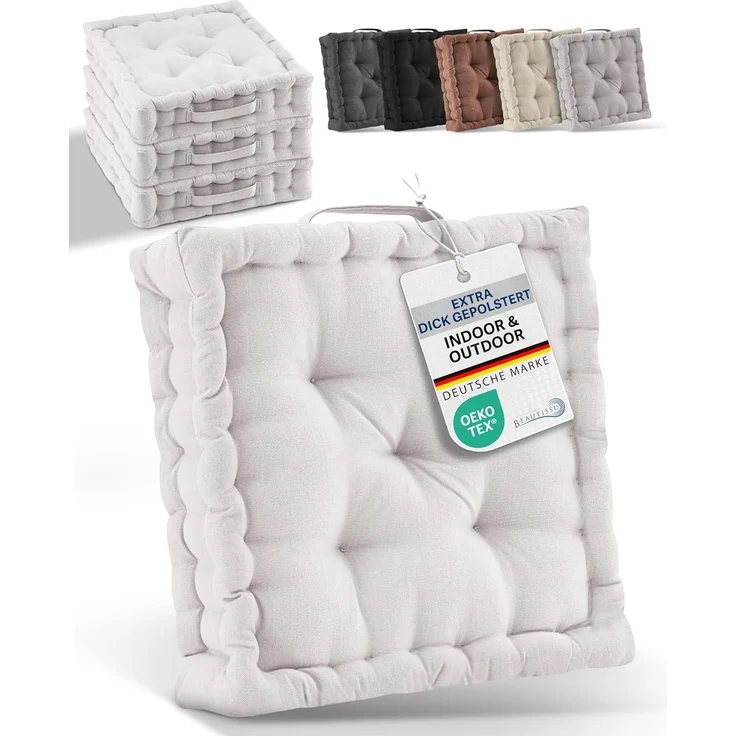 Beautissu Stuhlkissen 4er Set Bodenkissen Sitzkissen Mila, 50x50cm, Natur, Matratzenkissen 10cm, 100% Baumwolle Stuhlkissen Indoor & Outdoor – Bild 1