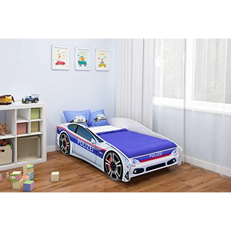 ACMA Kinderbett Auto-Bett Polizei mit Rausfallschutz, Lattenrost und Matratze (Polizei 3, 160x80 cm + Name) – Bild 8