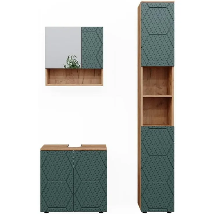 Badmöbel-Set Irma Grün/Goldkraft Eiche 3 Teile, mit Hochschrank Vicco