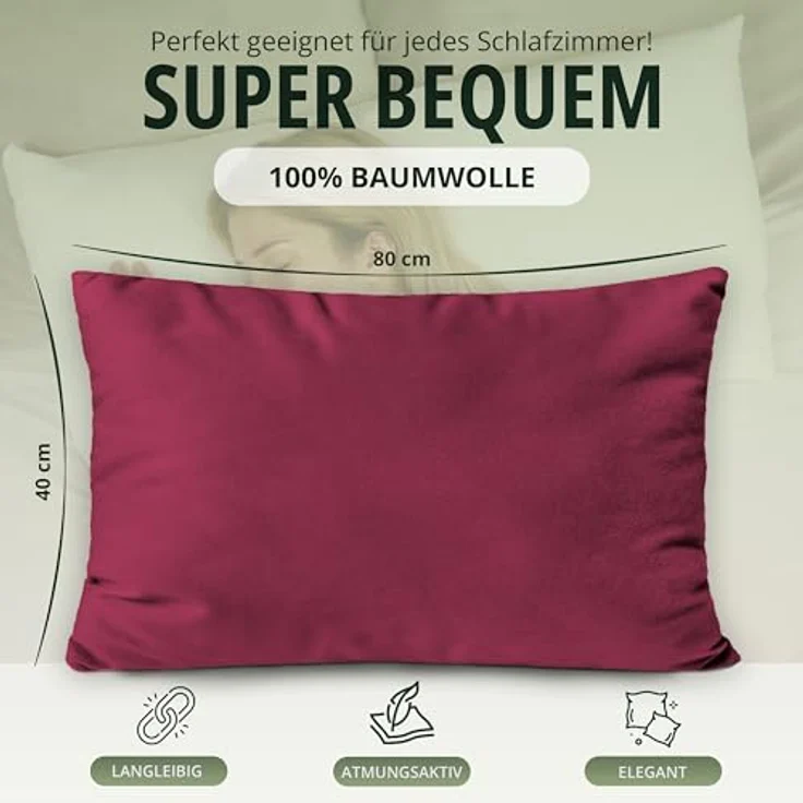 NatureMark 2er Pack Jersey Kissenbezug Kissenhülle Kissenbezüge Seitenschläferkissen Nackenkissen viele Größen und Farben ÖKO-TEX (40x80 cm, Bordeaux rot) – Bild 4