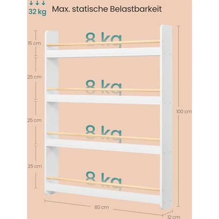 SONGMICS Bücherregal Kinder, Kinderregal mit 4 Ebenen, Spielzeugregal, Wandregal, für Kinderzimmer, Spielzimmer, weiß-naturfarben GKR014W01 – Bild 4
