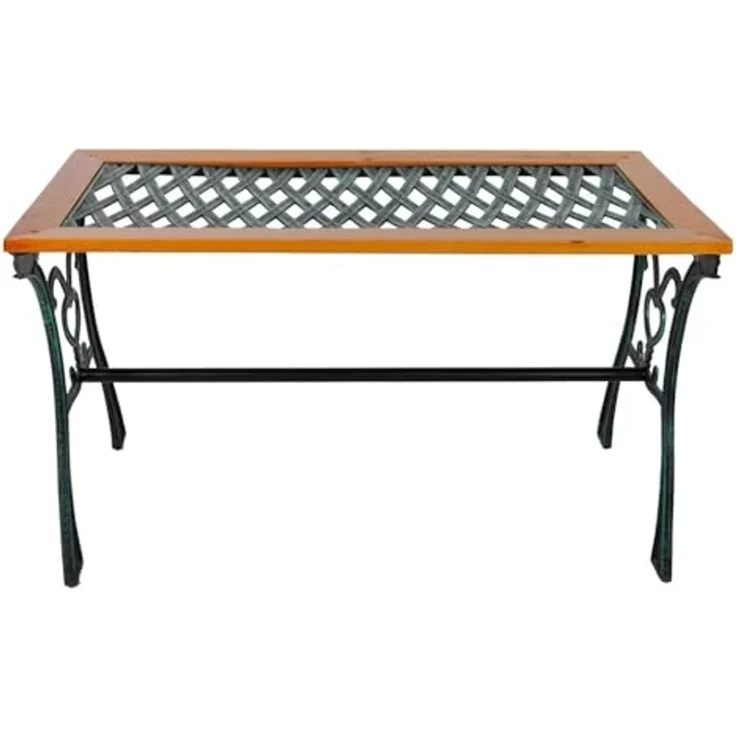 Gusseisen Gartentisch Outdoortisch Holz Glasplatte Natur 98x46xH56cm – Bild 3