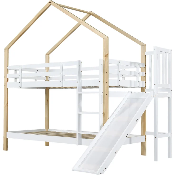 Haus-Etagenbett Kinder 90x200 Rutsche Leiter Kiefer Holz Spielbett,Weiß & Natur – Bild 9
