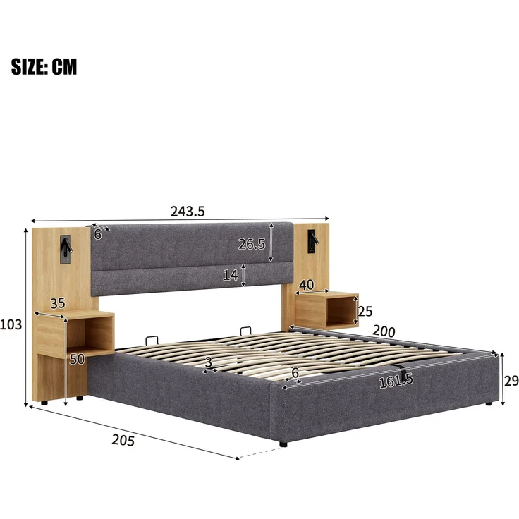 Polsterbett 160 x 200 cm, hydraulisches Breitohrbett mit USB-Anschluss, mit Beleuchtung, inklusive zwei Nachttischen mit Stauraum, Holzlattenrost, einfacher Aufbau, Samt, Grau + Natur--Natur + Grau--198x30x18cm--YOUDENOVA – Bild 9