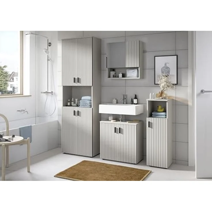 xonox. home – Badkombination Mone 105x180x30 cm in Kaschmir Nachbildung – 3-teiliges Set inkl. Waschbeckenunterschrank, Spiegelschrank & Badschrank – Stilvolle Einrichtungslösung mit kompakten Maßen – Bild 5