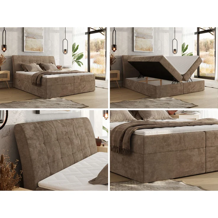 Boxspringbett DAGOS 180 x 200 cm mit Kopfteil, Lattenrost und Stauraum – Doppelbett mit Matratze & Topper T25 , stabile Konstruktion, Bettkasten, modernes Design - Braun Schenille glatt - H3 – Bild 2