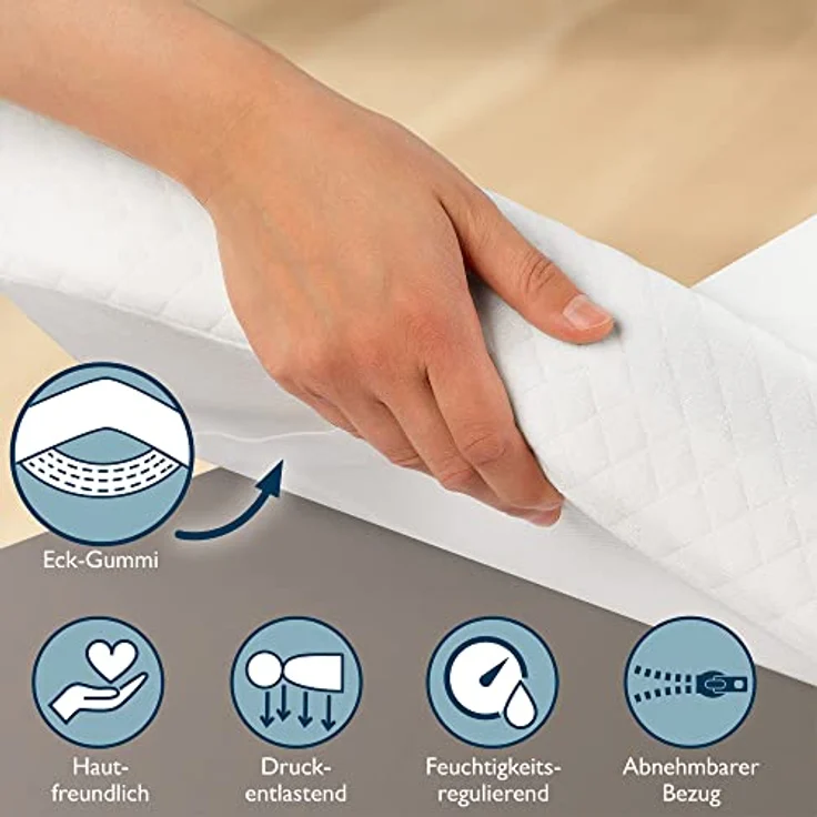 Beautissu Matratzentopper, Weiß, Gel Memory Foam mit doppelter Schicht, 90x200 cm, waschbar bei 40°C, für Matratzen bis 30 cm Höhe – Bild 5