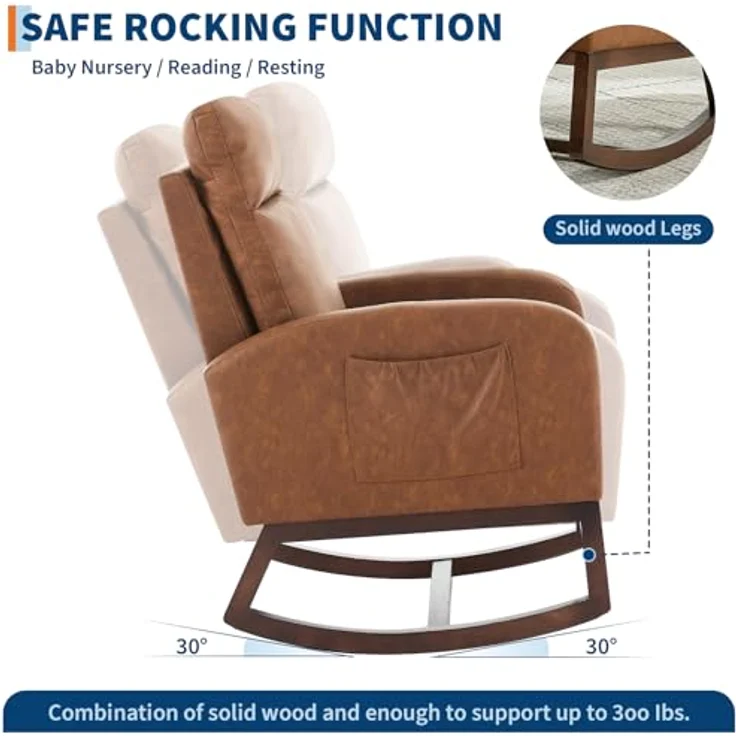 GarveeLife Stillschaukelstuhl für Kinderzimmer, PU-Leder Schaukelstuhl mit 66 cm hohem Rückenlehne, Moderner Relaxstuhl für Wohnzimmer, Schlafzimmer & Leseecke – Braun – Bild 4