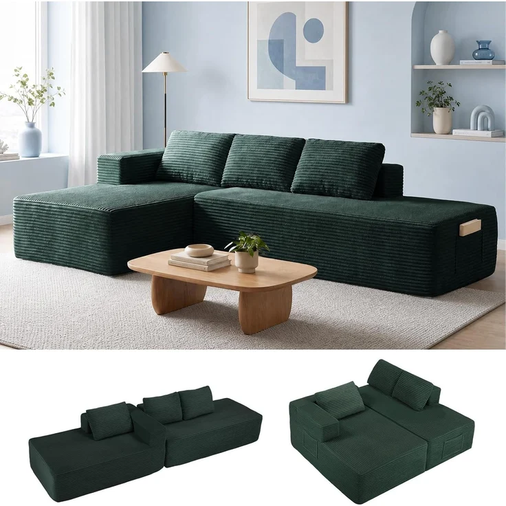COMHOMA Ecksofa mit Schlaffunktion, 255cm Corduroy Modulares Boneless Couch mit Chaiselongue & Rücken-Metallgestell, L-Form Schlafsofa mit offenem Design, Kissen & Seitentaschen,für Wohnzimmer, Grün-R – Bild 1