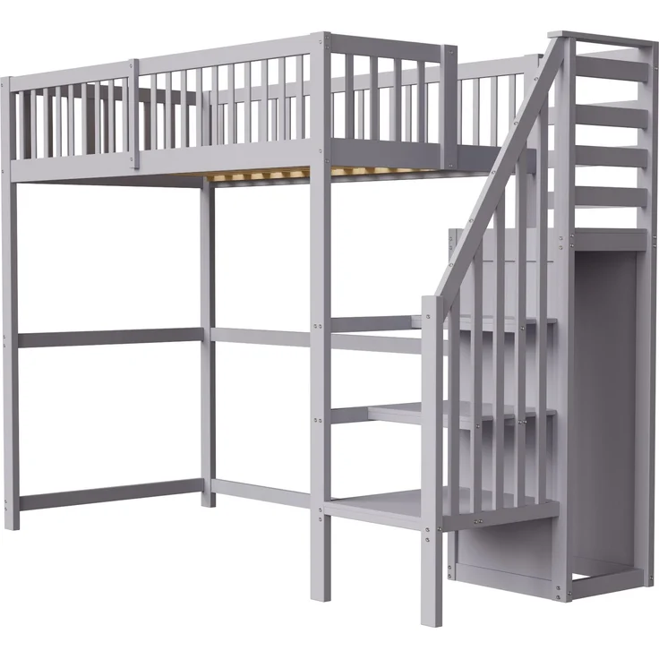 Hochbett 90x200 mit Treppe, Kinderbett aus Holz mit Aufbewahrungsregal, einfacher Kleiderschrank Grau – Bild 8