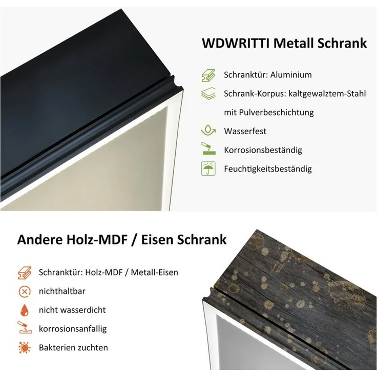 WDWRITTI Spiegelschrank 2türig 80x60x13,5cm Schwarz Metall Kalt/Neutral/Warmweiß Dimmbar (Badschrank Schwarz matt, 4mm Doppel Spiegel, Dimmbar, Anti-fog, Speicherfunktion) vormontiert geliefert, mit Netzadapter, 1,5m Kabel – Bild 3