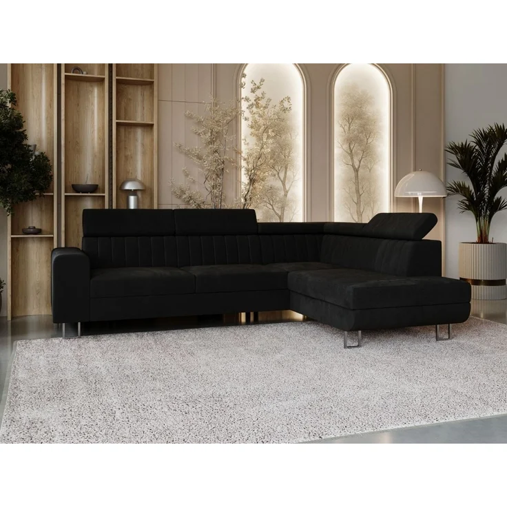 GRAINGOLD Ecksofa Berona, Couch L-Form mit Schlaffunktion, Bettkasten, Verstellbare Kopfstützen, Velour-Stoff, Schwarz, Rechts – Bild 3