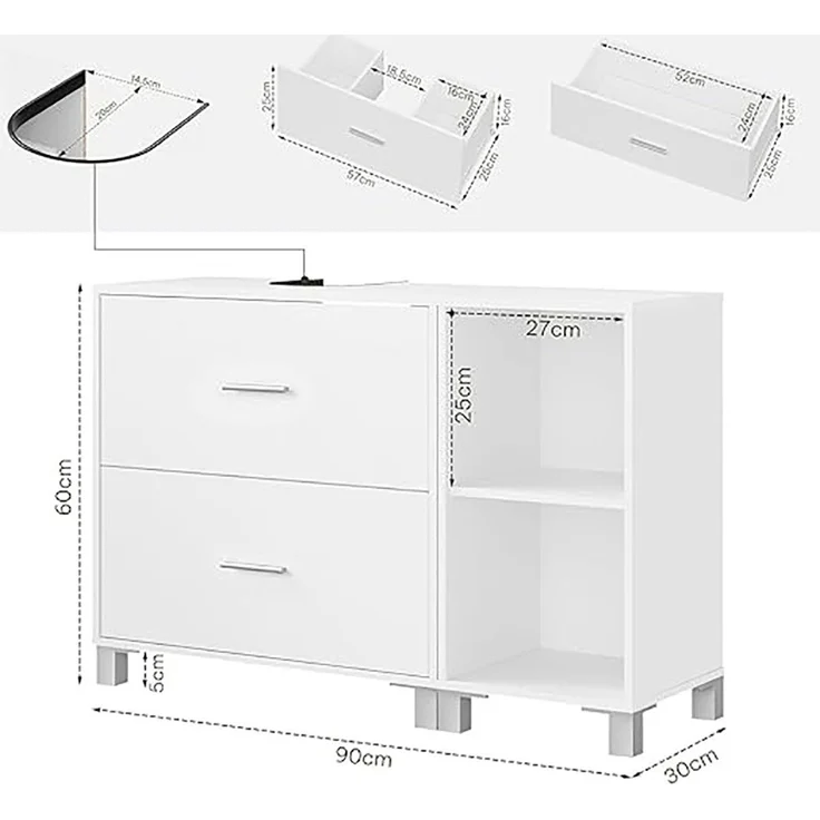 EUGAD Waschbeckenunterschrank (1-St) mit 2 Schubladen, Seitenschrank, freistehend, weiß, 90x60x30 cm – Bild 2