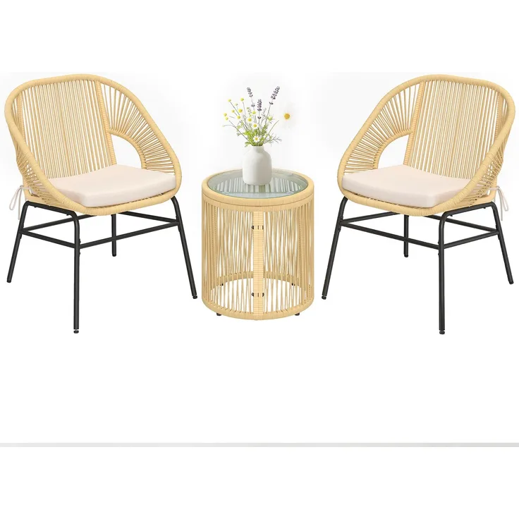 3-teiliges Bistro-Balkon-Set: 2 bequeme Sessel und ein Tisch aus gehärtetem Glas, abnehmbare Kissen in Beige