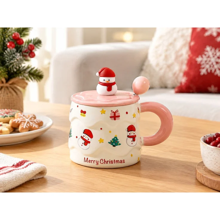 Keramiktasse mit Deckel und Löffel Weihnachtsmotiv Kaffeetasse Rosa 16 x 12 x 14 cm – Bild 2