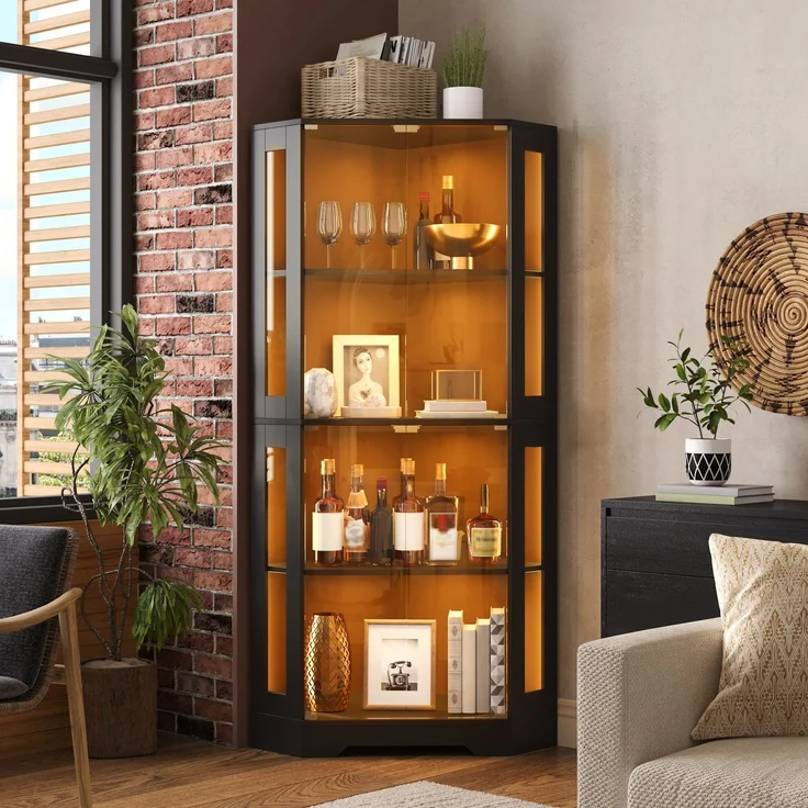 Merax 165 cm Glasvitrinenschrank mit LED, 4-stufiger Sicherheitsglas-Eckschrank, moderner Weinschrank, Schwarz – Bild 1