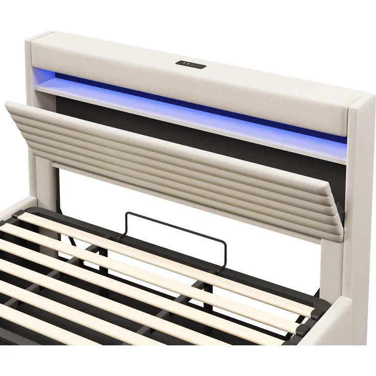 Polsterbett mit LED-Streifen, Stauraum, Schrank, USB und Type-C, 180x200 cm, gepolsterter Kopfteil mit Schrank, Einzelbett, Stauraumbett, Leinen – Bild 9