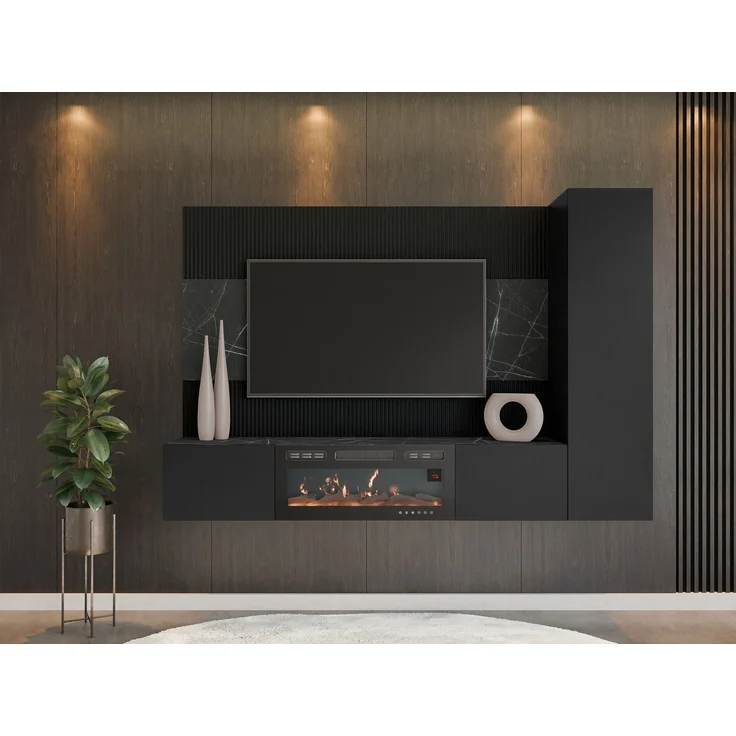 Wohnwand Deromi VI mit Kamin (Farbe: Schwarz + Schwarz Marmor) – Bild 3