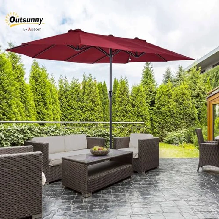 Outsunny Doppel-Sonnenschirm, Weinrot, Metall, 270x460 cm, stabiler Sonnen- & Sichtschutz mit Handkurbel – Bild 2