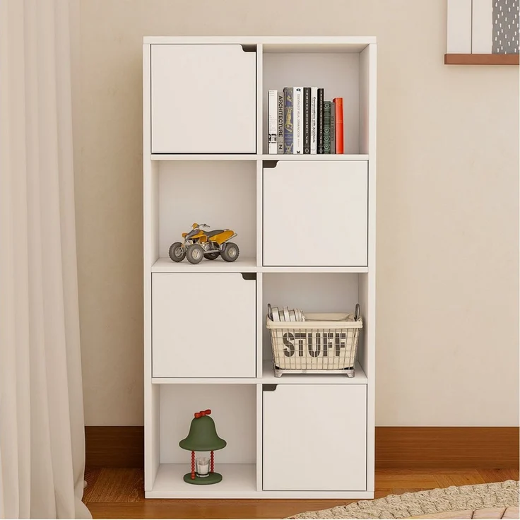 oyajia Bücherregal Bücherschrank 112cm für Wohnzimmer Home Office, 8 Fächer mit 4 Türen, Standregale, für Wohnzimmer, Büro, Weiß – Bild 5