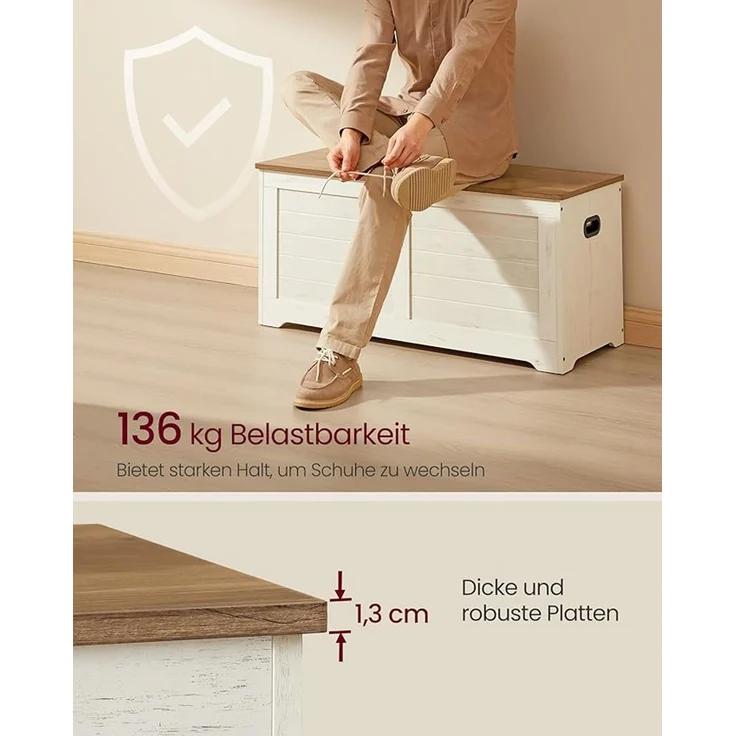 VASAGLE Schuhbank mit Stauraum, Holz Vintageweiß/Honigbraun, 40 x 100 x 46 cm – Bild 3