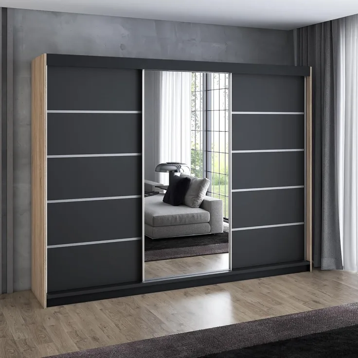 A&J MöbelLand GmbH Schwebetürenschrank VILANO mit 4 Schubladen und Spiegel (Kostenlose Lieferung – nur für kurze Zeit! TOP ANGEBOT! Geräumiger Schrank mit einer Breite von 200 cm und Spiegel, ideal zur Aufbewahrung von Kleidung und Accessoires. 4 Schub...