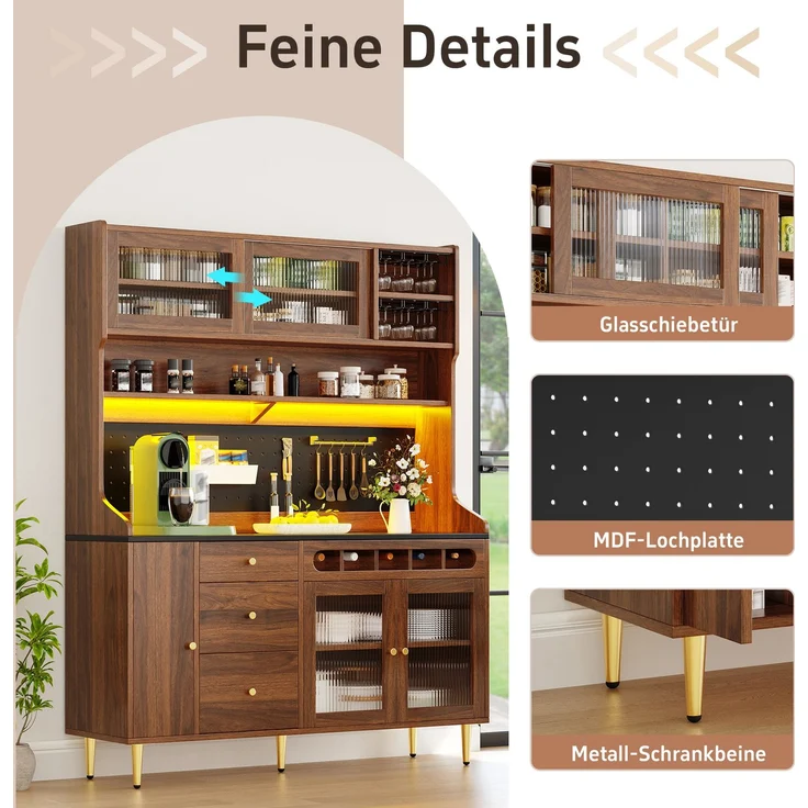 Hochschrank 145x39x171 cm mit LED-Beleuchtung, Glasschiebetüren und Weinfach - Walnuss – Bild 9