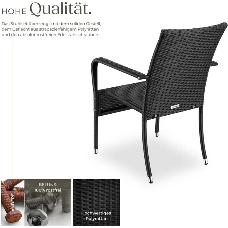 tectake Rattanstuhl Gartenstuhl Girona, stapelbar, Belastbarkeit 120 kg, 58 x 67 x 90 cm (Set, 6 St), Pulverbeschichtetes Stahlgestell für enorme Stabilität – Bild 2