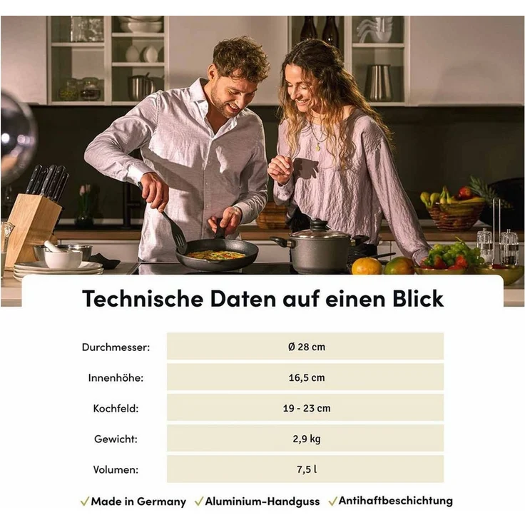 Hoffmann Germany Kochtopf Suppentopf Fleischtopf Aluguss Ø 28 cm Deckel – Made in Germany, Aluguss (Set, 2-tlg, 1x Kochtopf Ø 28 cm + 1x Glasdeckel), Antihaft, backofenfest bis 240°C, Induktion, 7,5 l – Bild 3