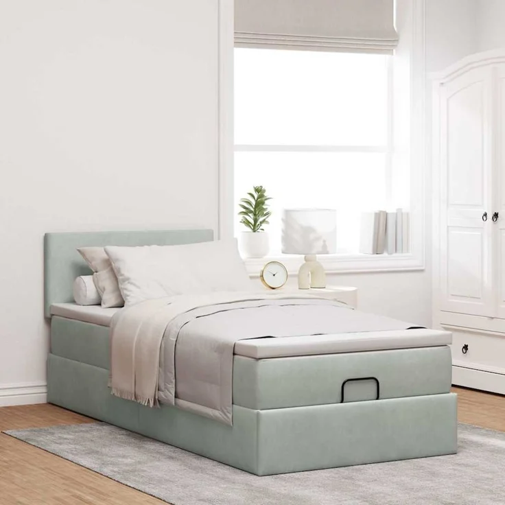 vidaXL Ottoman-Bett mit Matratze & LEDs Hellgrau 80x200 cm Samt 3312512 – Bild 4