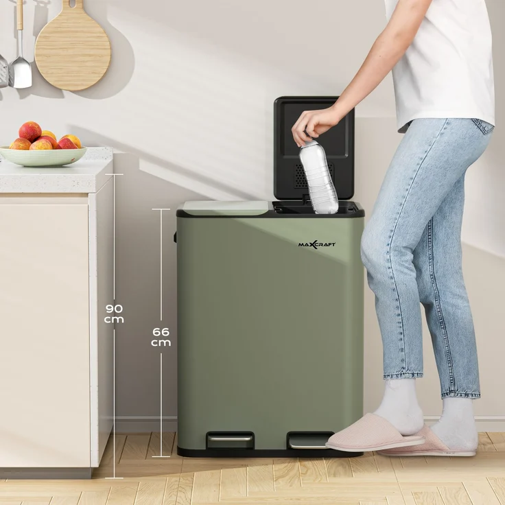 MAXCRAFT Küchen-Mülleimer 60L – Treteimer mit Soft-Close & Doppelfach für Mülltrennung, Grün – Bild 4