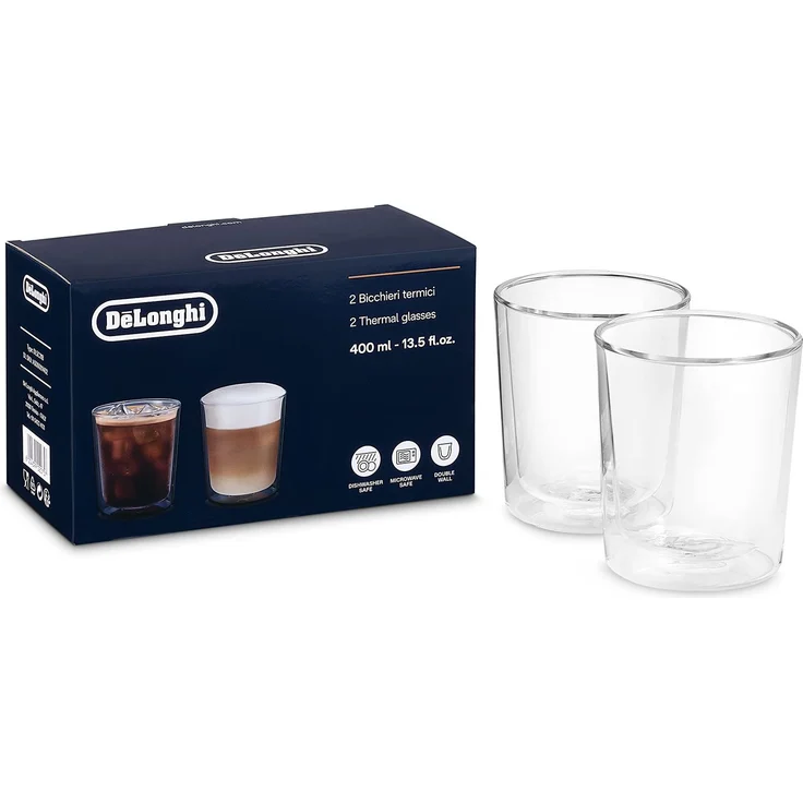 De'Longhi Gläser Set DLSC318, 2 doppelwandige Thermogläser mit Isolierfunktion für kalte und warme Getränke, widerstandsfähiges Borosilikatglas, Spülmaschinenfest, Fassungsvermögen 400 ml