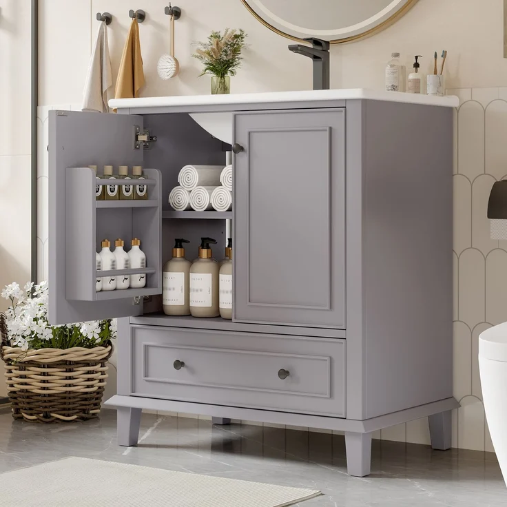 Badezimmerschrank 76 x 46 x 87 cm mit Keramikbecken, viel Stauraum & Massivholzbeinen – Moderner Waschtischschrank,Grau – Bild 2