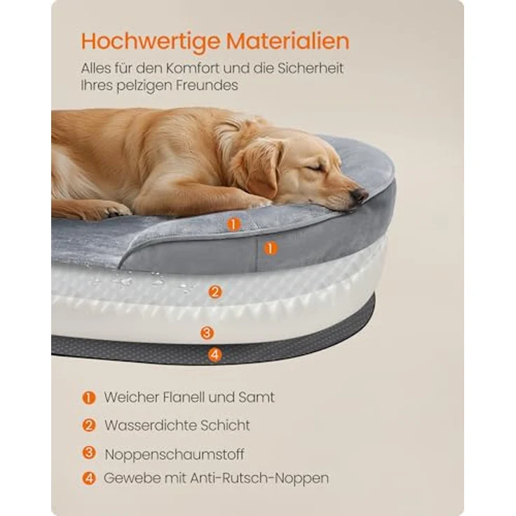 Feandrea Hundebett, Hundekissen, für große Hunde, 106 x 76 x 18 cm, orthopädisch, wasserdichte Innenschicht, erhöhte Ränder, Abnehmbarer, waschbarer Bezug, rutschfest, hellgrau PGW283G01 – Bild 7
