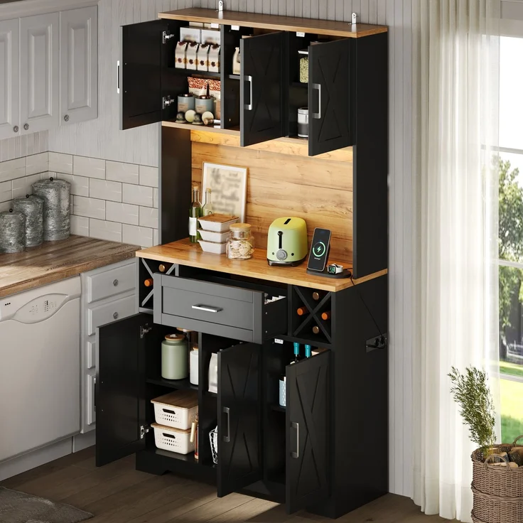 Küchenschrank, hoher Stauraumschrank mit LED-Beleuchtung, Vorratsschrank mit Weinregalen, Weinschrank & Vitrinenschrank für Wohnzimmer und Esszimmer, 180 × 105 × 40 cm--Natur1 + Schwarz--105x40x180cm--YOUDENOVA – Bild 8