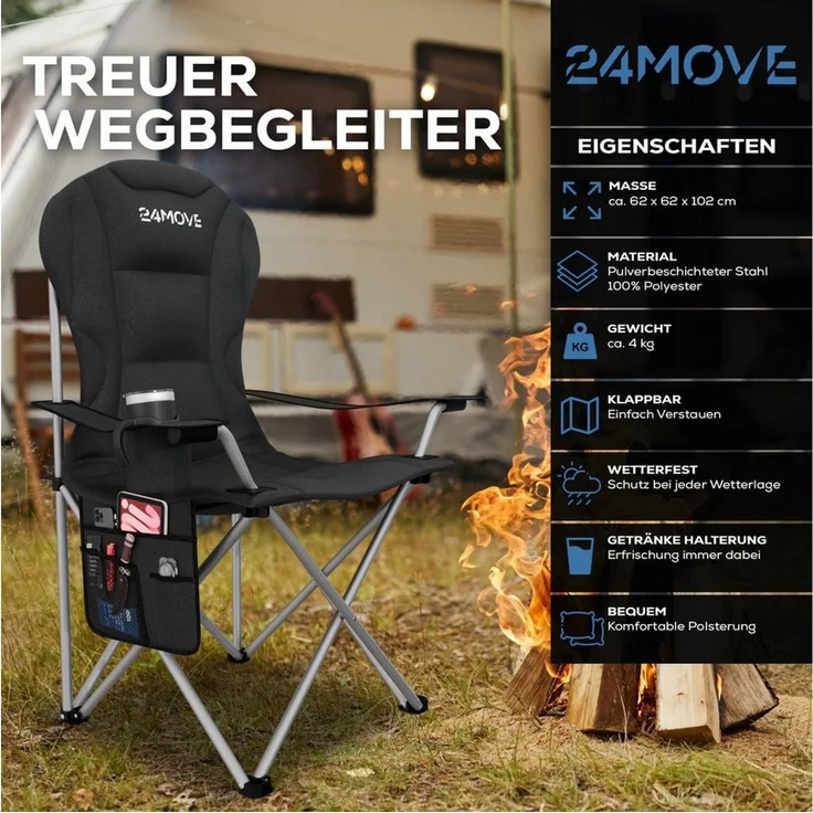 24Move Campingstuhl Campingstuhl faltbar inkl. Tragetasche, bis 150kg belastbar, schwarz (bequeme Arm- und Rückenlehne), Gartenstuhl, Klappstuhl gepolstert – Bild 3