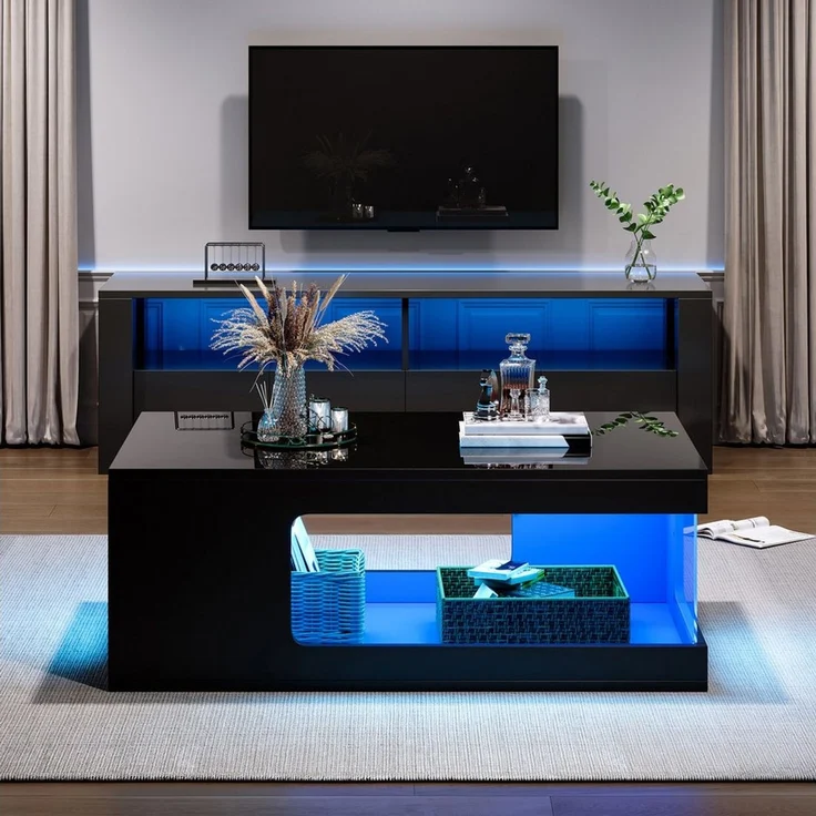 OKWISH Couchtisch Wohnzimmer-Couchtisch aus Spanplatte, Teetisch (Packung, 1-St, 50 x 100 x 35 cm, Schwarz), Hochglanz, LED-Lichtleiste – Bild 2