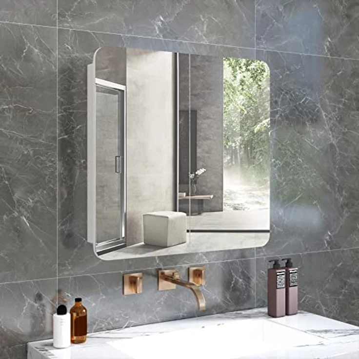 Meerveil Spiegelschrank, Badezimmerspiegel mit 2 Türen 5 Einlegeböden Holz Moderner Stil, 68 x 13 x 66 cm F1015BC12WT Weiß - Bogen – Bild 8