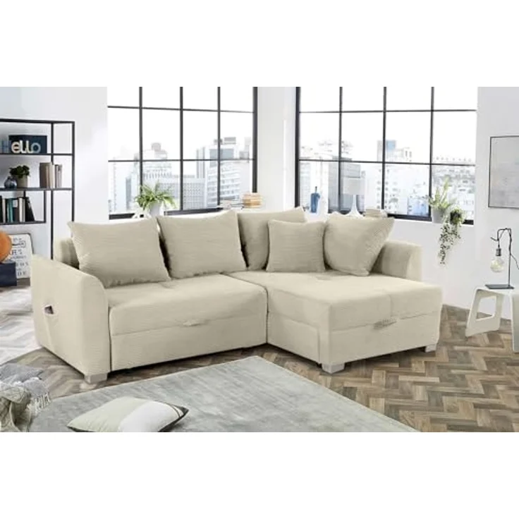 Ecksofa L-Form Couch Polsterecke Schlaffunktion Bettkasten Cord in Beige Grau – Bild 2
