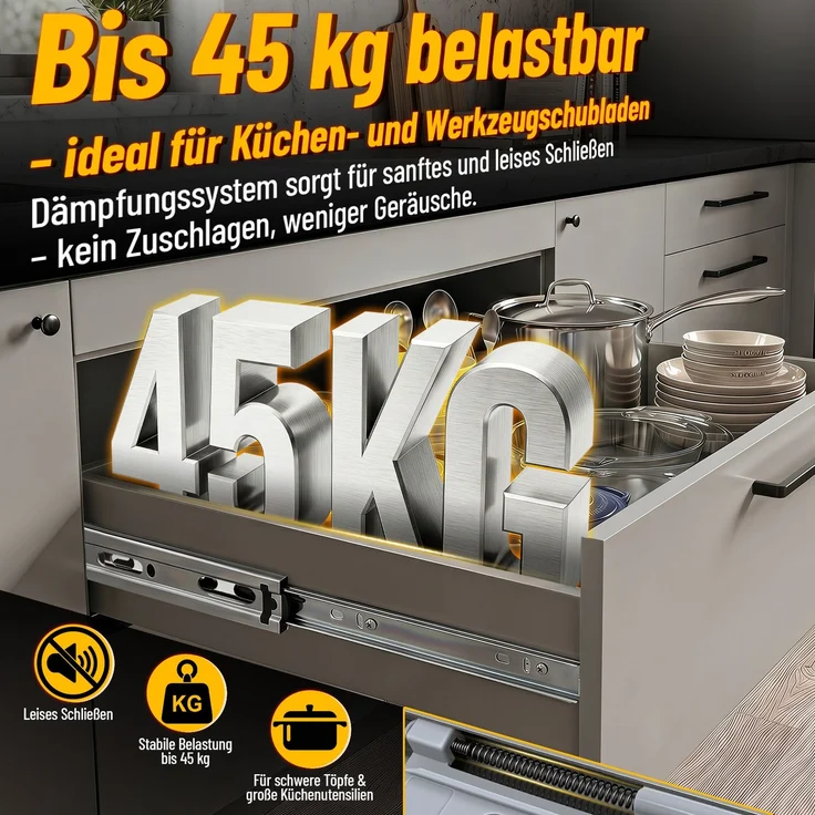 Eikuavons 2 Paar Schubladenschienen 550 mm mit Dämpfung, Vollauszug 3-teilig, leise kugelgelagerte Auszüge für Möbel und Schubladen, kaltgewalzter Stahl, Silber – Bild 5
