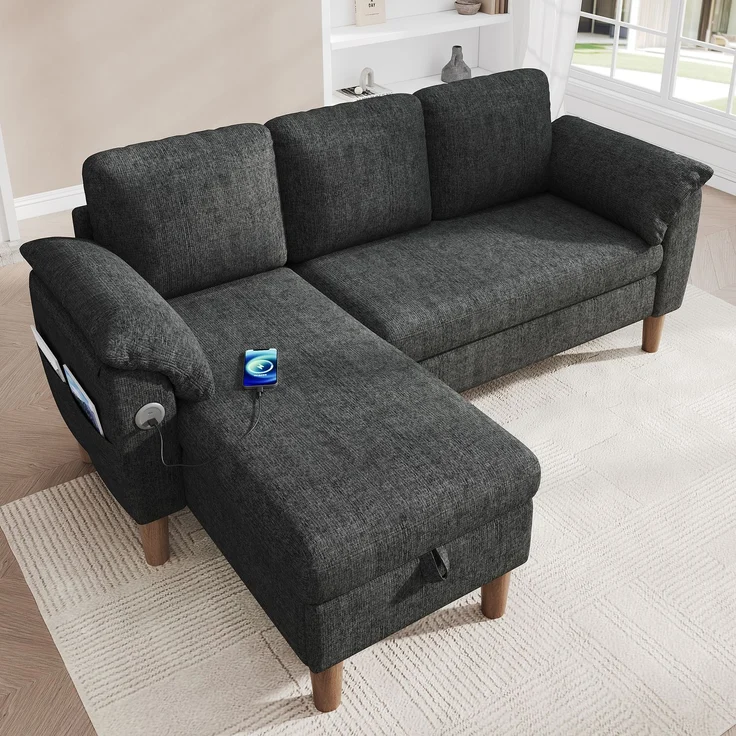 Merax L-förmiges Ecksofa, 3-Sitzer Sofa mit Stauraum-Chaiselongue, links/rechts montierbar, USB/Type-C-Ladeanschluss, Seitentasche, 2 halbfeste Armlehnenkissen, Chenille Stoff, Grau – Bild 3