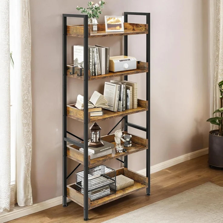 YITAHOME Bücherregal mit 5 Ebenen, Bodenstehende Standregal mit stabilem Stahlrahmen, Regaleinheit, Industrielles Aufbewahrungsregal mit 4 Haken, für Wohnzimmer, Heimbüro, Vintagebraun Lagerregale – Bild 1