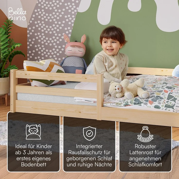 Bellabino 'Iskri' Bodenbett 90x200 cm, natur, Massivholz Kiefer, Montessori Kinderbett mit Rausfallschutz und Lattenrost – Bild 3