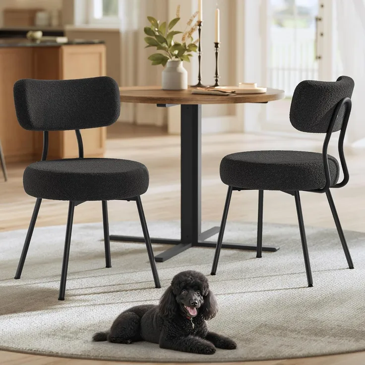 Esszimmerstuhl 2er Set, Küchenstuhl, Polsterstuhl, Fleece Oberfläche, geschwungene Rückenlehne, Stahlrahmen, tintenschwarz, KDCDE110B01