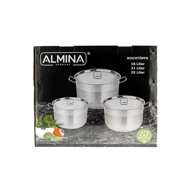 Almina 3er Set Kochtöpfe aus Edelstahl mit Deckel für alle Herdarten 18L, 21L, 25L Silber – Bild 7