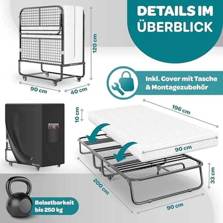KESSER® Klappbett 200x90cm Gästebett inkl. Matratze aus Memory-Schaum & Rollen | faltbares Reisebett mit Metallrahmen für Erwachsene belastbar bis 250kg | Metallbett mit Schaumstoffmatratze & Cover Weiß, Deluxe Plus – Bild 2