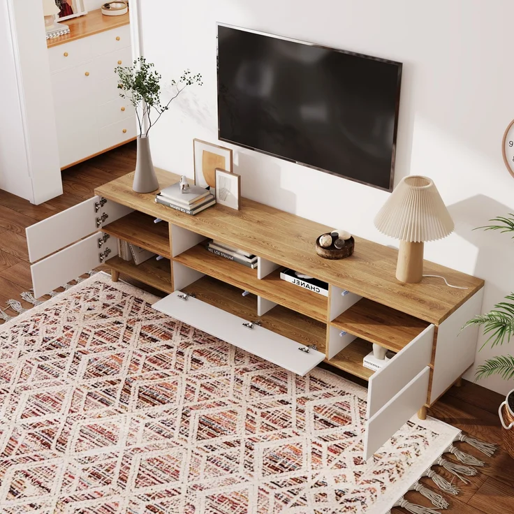 Modernes TV-Gerätemöbel - 175x37x51cm in Weiß & Holz mit praktischem Stauraum, 175 x 37 x 51 cm, Holzoptik+Weiß – Bild 8