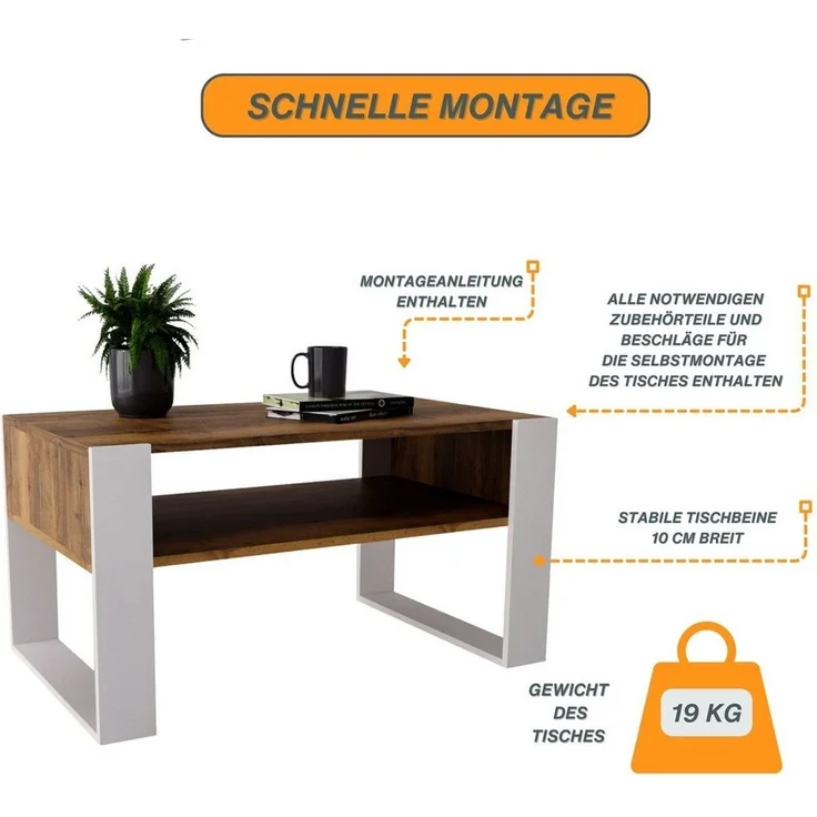CraftPAK Couchtisch Wohnzimmer Tisch für Couch - mit zusätzlicher Ablagefläche – Bild 3